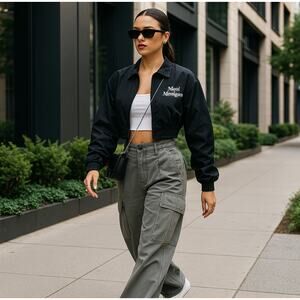NWT XS Molliwater Black Crop Lightweight‎ Bomber Jacket Buttons Crew Neck Maui